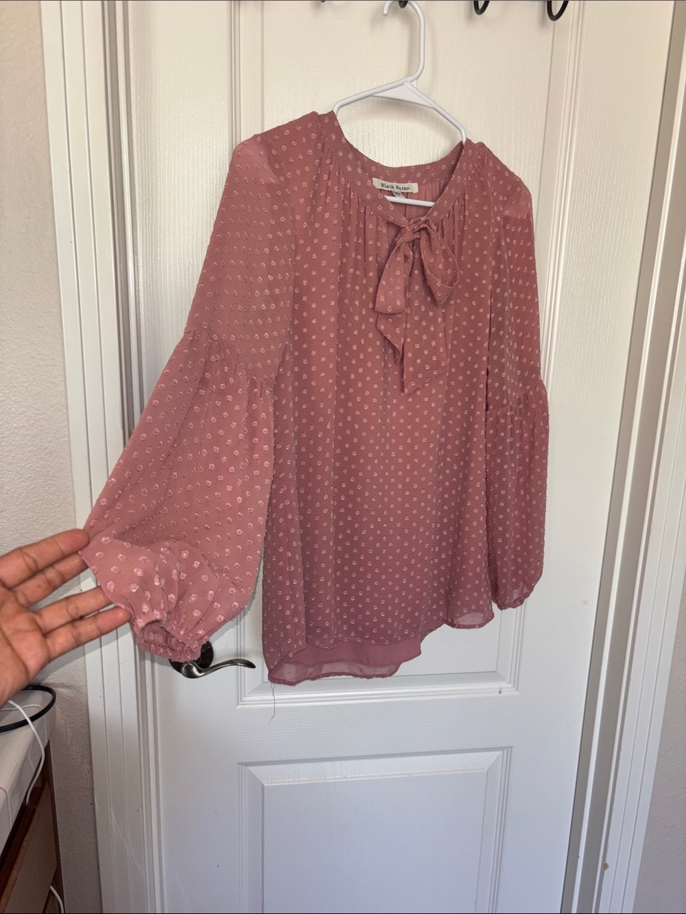 Black Label Dusty Rose Polka Dot Sheer Blouse - Women's Top